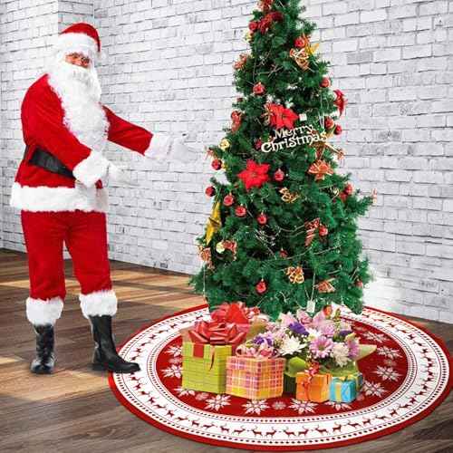 Christmas Tree Skirt 36 inch Large Tree Skirt Snowflake Reindeer Red Xmas Tree Skirt Rustic Christmas Tree Mat Decorations for Winter New Year Holiday Party Decor Indoor Outdoor (Santa, 36inch)