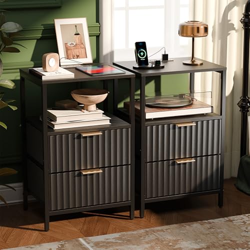 VINGLI Black Nightstands Set of 2 with Fabric Drawers, Fluted