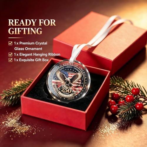 250th Anniversary USA Christmas Ornament – Crystal Patriotic Eagle, 3.15in, Includes Red Gift Box (Variation: 250 Ornaments-two)