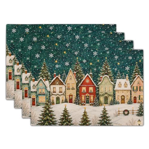 Giwawa Xmas Village House Placemats Set of 4 12x18 Inch Linen Winter Snowflake Decor
