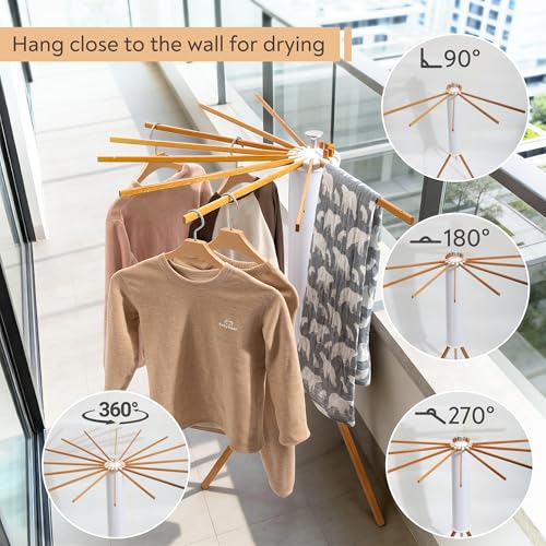 Natural Wood & White Clothes Drying Rack with 16 Arms, Foldable & Heavy-Duty