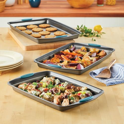 Rachael Ray Agave Blue Grips Nonstick 3-Piece Cookie Pan Set - Baking Sheets