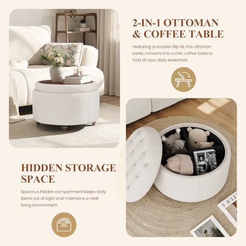 25" Round Ottoman with Storage, Small Coffee Table Reversible Tray Lid