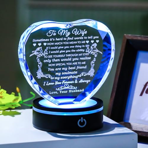 Personalized Crystal Heart Gift for Wife - Love Quote Keepsake with LED Light - Wedding Anniversary & Birthday Gift - Wife Gifts Variation of Wife Gifts