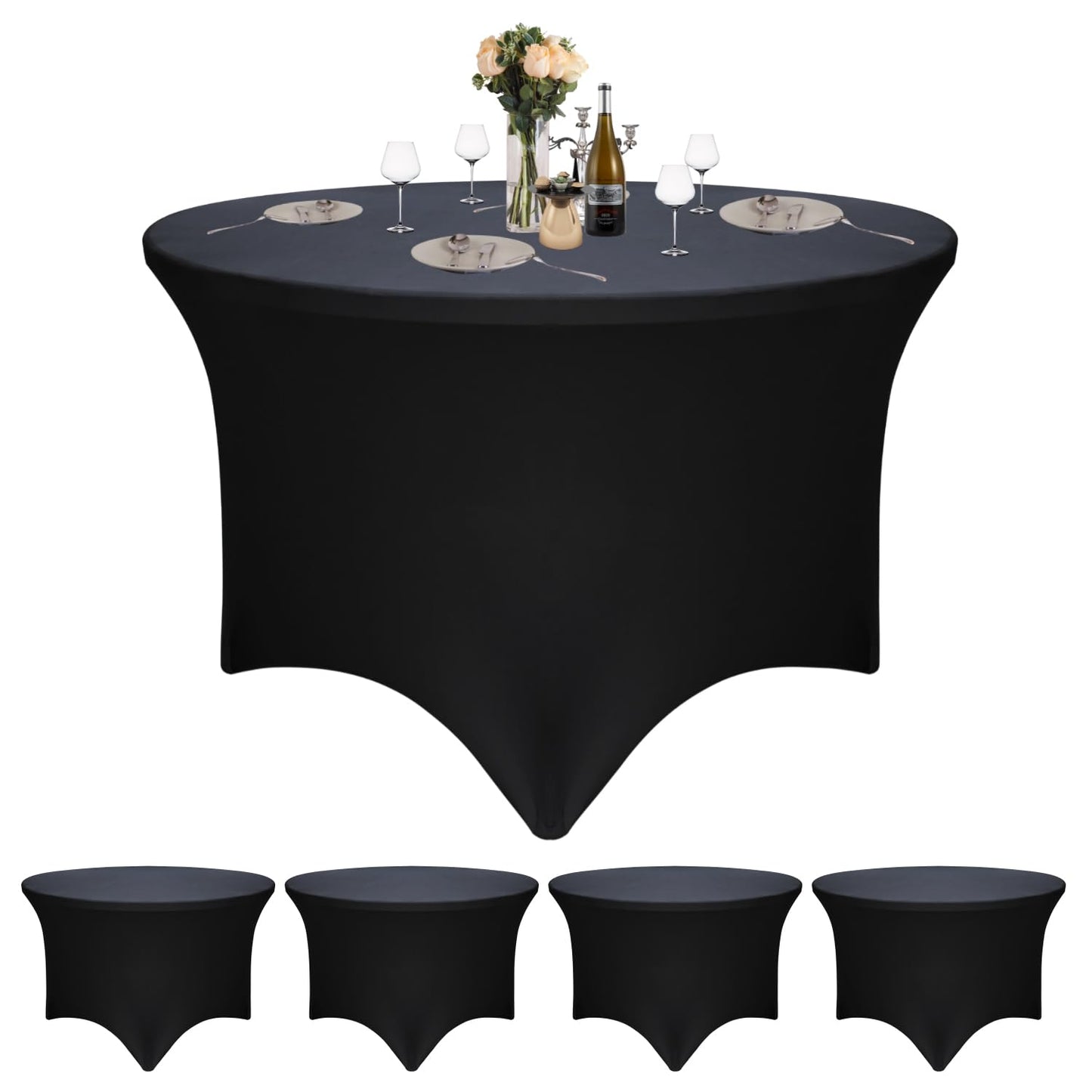 4 Pack Black 72-Inch Diameter x 30-Inch High Round Spandex Tablecloth for 6FT Round Tables|Fitted Stretch Tablecloth with Foot Bag for Party, Wedding, Birthday, Banquet, Vendor Stand