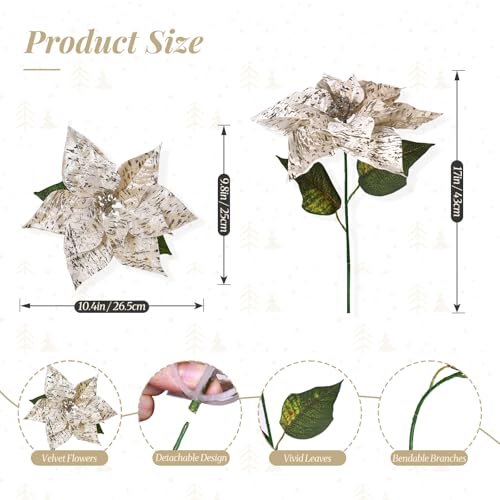 Poinsettia Artificial Flowers, 16-Piece 17in Glitter Christmas Bouquets for Indoor Outdoor Decor