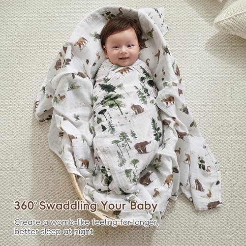 Baby Muslin Swaddle Blanket 4 Pack - Woodland Animals Green, 47x47 Inches, Soft Breathable Cotton for Newborns