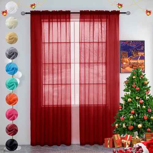 youleyar Solid Sheer Rod Pocket Curtain Voile Draperies 2 Panels White Beige Black Grey Ivory 52 Inch Width 84 Inch Long 1 Pair for Kitchen Bedroom Children Living Room Yard (Christmas Red,52W£ø84L)