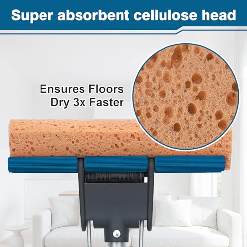 TreeLen Blue Sponge Mop for Floor & Wall Cleaning, Heavy Duty 50" Self-Squeeze Roller with 4 Cellulose Refills