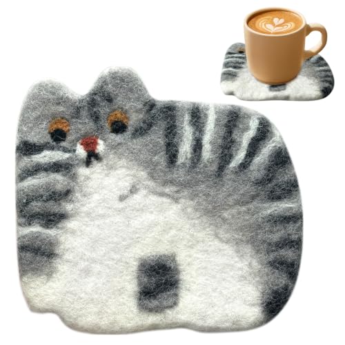 Kokaaee Cow Cat Felt Coaster - Wool Table Mat for Drinks, 1pc
