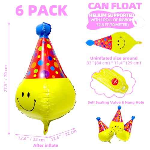 Unique 4D Happy Emoticons With Hat Balloons Smile Face Helium Balloons, 6 Pack Cute Cartoons Movie Character Smile with Party Hat Foil Mylar Balloons For Kids Birthday Decoration Party Supplies