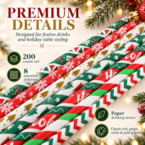 200 Christmas Paper Straws, 7.75in Party Straws