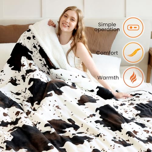 Electric Heated Blanket Queen with 10 Heat Settings & Cow Print, Fast Warm Throw - Black Ombre White, 84" x 90"