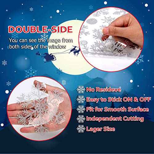 Glitter Snowflake Window Clings Christmas Window Decals for Glass Winter Xmas Navidad Decorations 190 Pcs (Sliver)