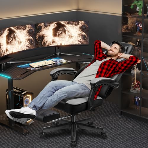 Shintenchi Gaming Chair with Footrest & Massage Lumbar Support - Grey