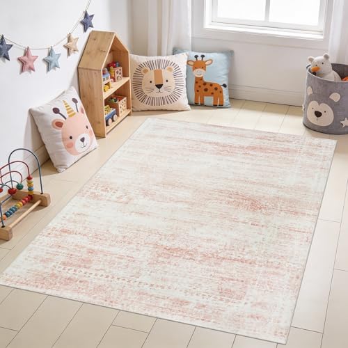 Pink Washable Area Rug 5x7 for Living Room & Bedroom - Pink-White, Soft & Cushioned