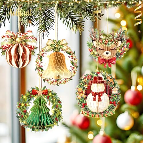 AOBKIAT Christmas Honeycomb Decorations Set - Red, Green, Gold Holiday Ornaments
