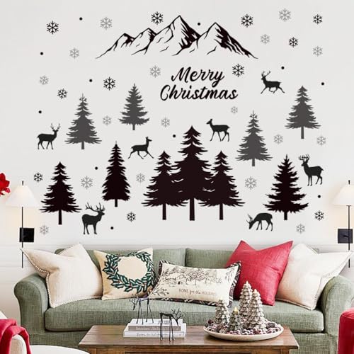 3 Sheets Black Pine Tree Deer Wall Sticker Removable Snowflake Merry Christmas Wall Decal Winter Mountain Woodland Nursery Wall Stickers for Xmas Party Supplies