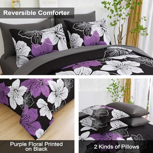 Luxudecor Queen Size Purple & Black Floral Comforter Set - 7 Pieces Bed in a Bag