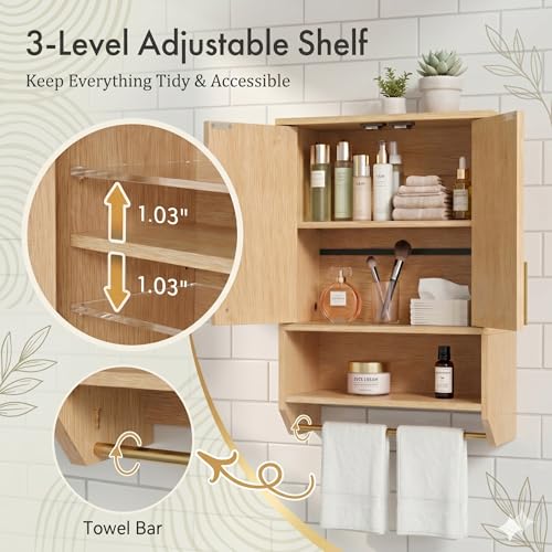 Narrow Bathroom Wall Cabinet with Towel Rack - Farmhouse Fluted Style, Natural, 15.7"L x 7.9"W x 22.4"H