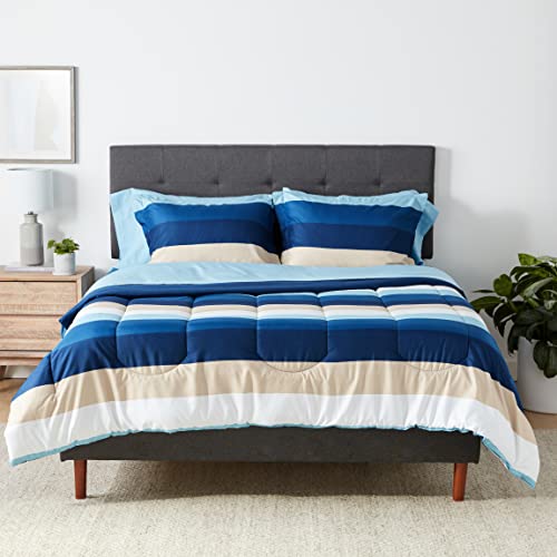 Amazon Basics Full/Queen Blue Stripe Comforter Set with Sheets - 7-Piece Bed-in-a-Bag, Microfiber Bedding