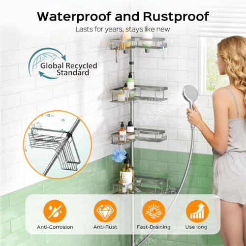 HAMITOR Silver Gray 4-Tier L-Shaped Corner Shower Organizer Tension Pole