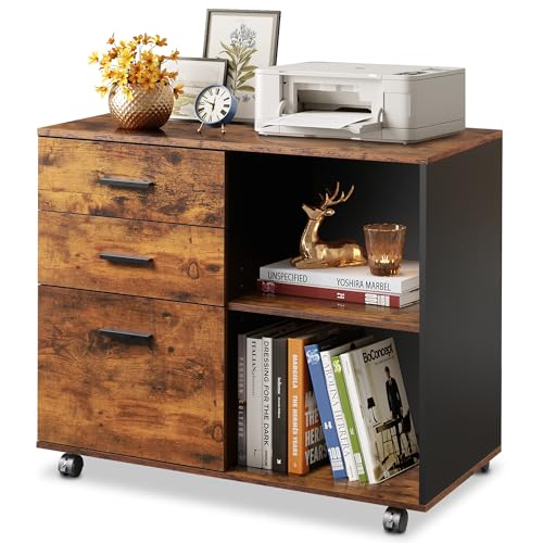 DEVAISE Rustic Brown 3-Drawer Mobile File Cabinet with Locking Casters