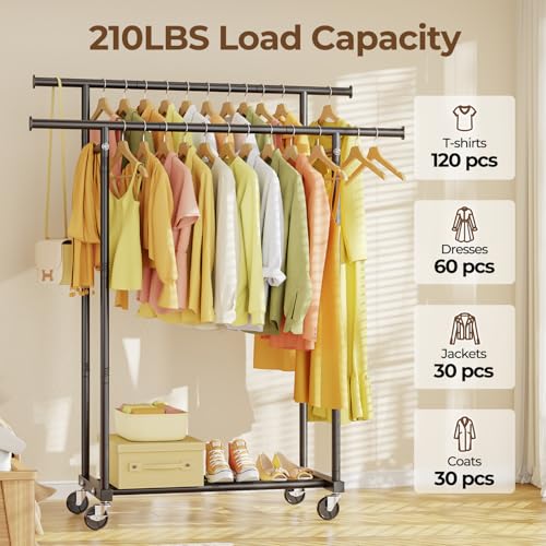 HYSEYY Double Rod Clothes Rack with Wheels, Black, 16.5"D x 44.3"W x 63"H, Portable Garment & Wardrobe Storage