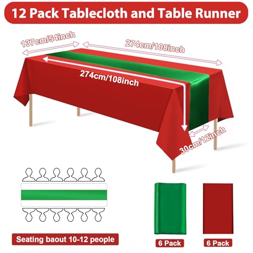 Red & Green Satin Table Runner and Plastic Tablecloth Set - 12 Pack