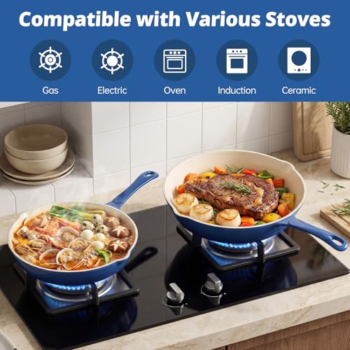 Enamel Cast Iron Skillet Set 3 Pieces Nonstick Heavy-Duty Frying Pans - Blue