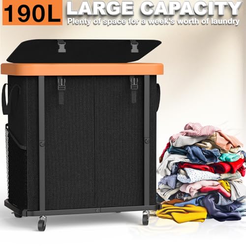 Leather Patchwork Laundry Basket with Wheels - 190L 2-Section Black