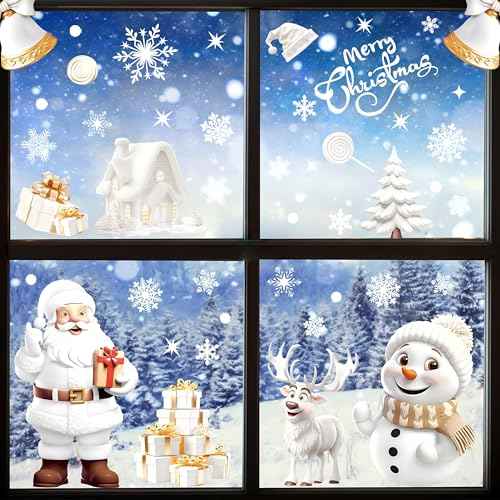 AhfuLife Christmas Window Clings, 190 PCS Large 3D Reusable Window Stickers for Glass, 9 Sheets Double Sided Santa Claus Snowman Snowflakes Reindeer Stickers for Party Decorations