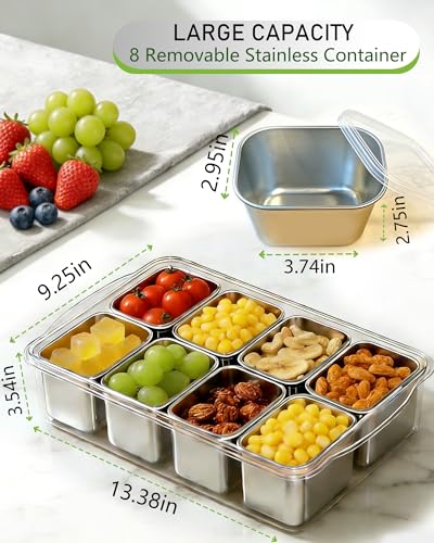 Silver Stainless Steel 8-Compartment Snackle Box Container with Lid & Handle - Large Travel Snack Tray