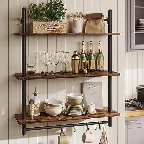 Wall-Mounted Industrial Pipe Shelving with Towel Bar - Rustic Brown, 31.5 Inch