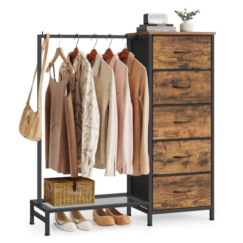 SONGMICS Rustic Brown Dresser with Hanging Rod, 5 Fabric Drawers, Bottom Shelf - 3-in-1 Closet Organizer