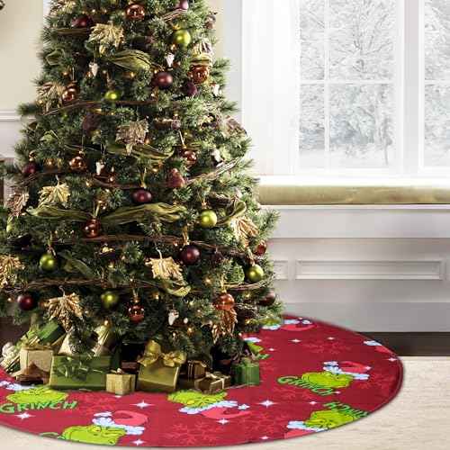 Christmas Tree Skirt 48 Inch,Large Red & Green Merry Christmas Tree Skirt Collar,Soft Farmhouse Xmas Holiday Decoration