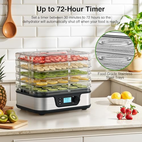 Electactic Stainless Steel Food Dehydrator with 5 Trays, 72H Timer & Adjustable Temperature