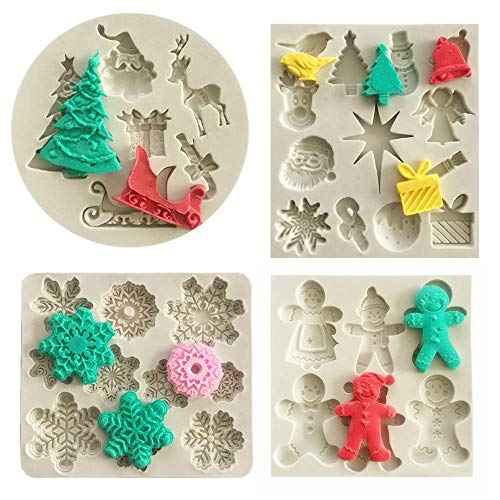 Set of 4 Christmas Fondant Molds, Xmas Cake Cupcake Decoration Silicone Chocolate Candy Mold, Christmas Tree/Gingerbread Man/Reindeer/Snowflake/Santa Claus Xmas Decor Resin Clay Molds