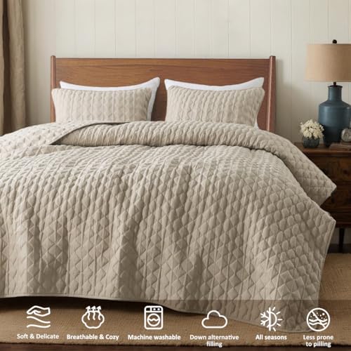 WDCOZY California King Beige Quilt Bedding Set with 2 Pillow Shams - All Season Lightweight Bedspread Coverlet, 3 Pieces, 116x106 inches