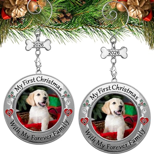 My First Christmas Dog Photo Ornament 2 Pack - Personalized Puppy Keepsake with Photo Insert, Red Heart & Paw Print, 3 Inch