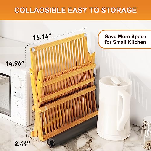 Natural 3-Tier Bamboo Dish Drying Rack with Utensil Holder & Absorbent Mat - Collapsible Kitchen Organizer