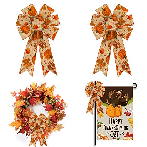 ALIBBON 2Pcs Fall Bows for Wreaths, Thanksgiving Wreath Bows, Orange Bows, Pumpkin Leaves Bows for Front Door, Fall Thanksgiving Decor, Burlap Bows for Wreath Indoor Outdoor Wall Decorations