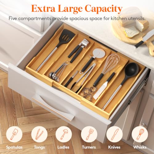 Expandable Bamboo Utensil Drawer Organizer - Natural, Fits 12.6-22.8" W Kitchen Drawer