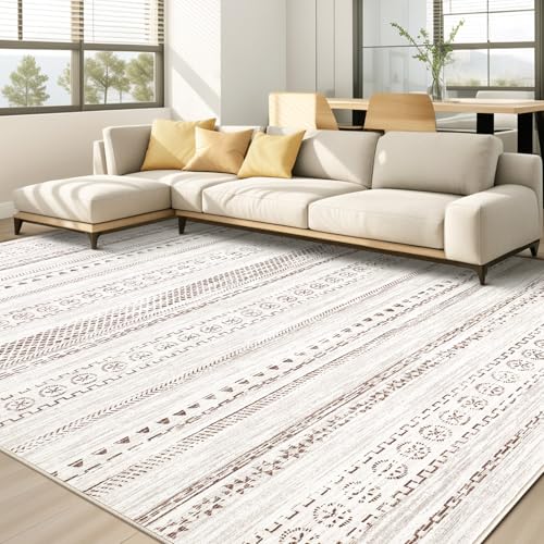 Kakania 8x10 Washable Area Rug - Boho Geometric Home Decor, Brown, Non-Slip, Machine Washable, Low-Pile for Living Room