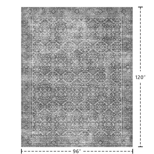 Grey 8x10 Washable Non-Slip Vintage Floral Area Rug for Living & Bedroom