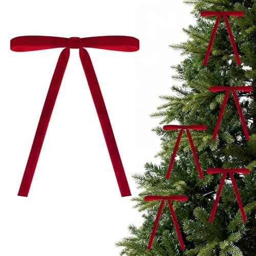 Red Velvet Bows for Christmas Tree, 24 Pcs 5x7 Inch Velvets Ribbon Tree Bows, Velvet Christmas Ornaments for Trees Decorations Wreath Outdoor Indoor