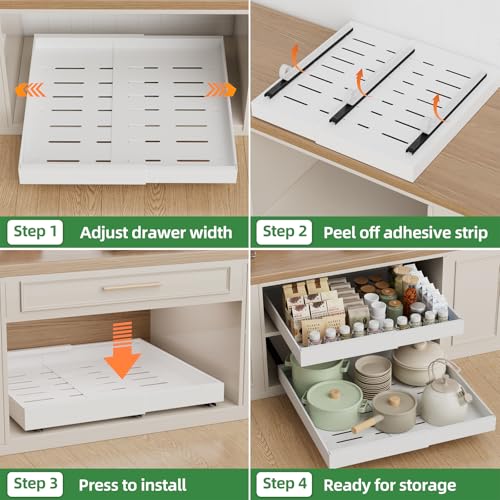 PAKETA 4 Pack Expandable Pull Out Cabinet Organizer 21" Deep, White, Adjustable Width 12-20"