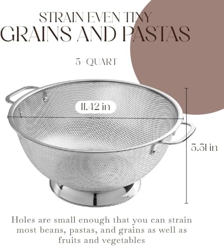 5 Qt Stainless Steel Colander for Kitchen - Pasta & Rice Strainer, Durable & Rust-Resistant