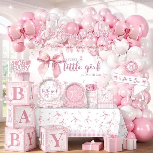 Pink Bow Baby Shower Decorations All-in-One Party Set for 20 Guests - Pink Bow Variation