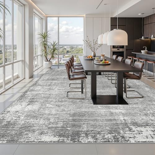 Grey 8x10 Abstract Area Rug with Non-Slip Backing, Washable and Stain-Resistant